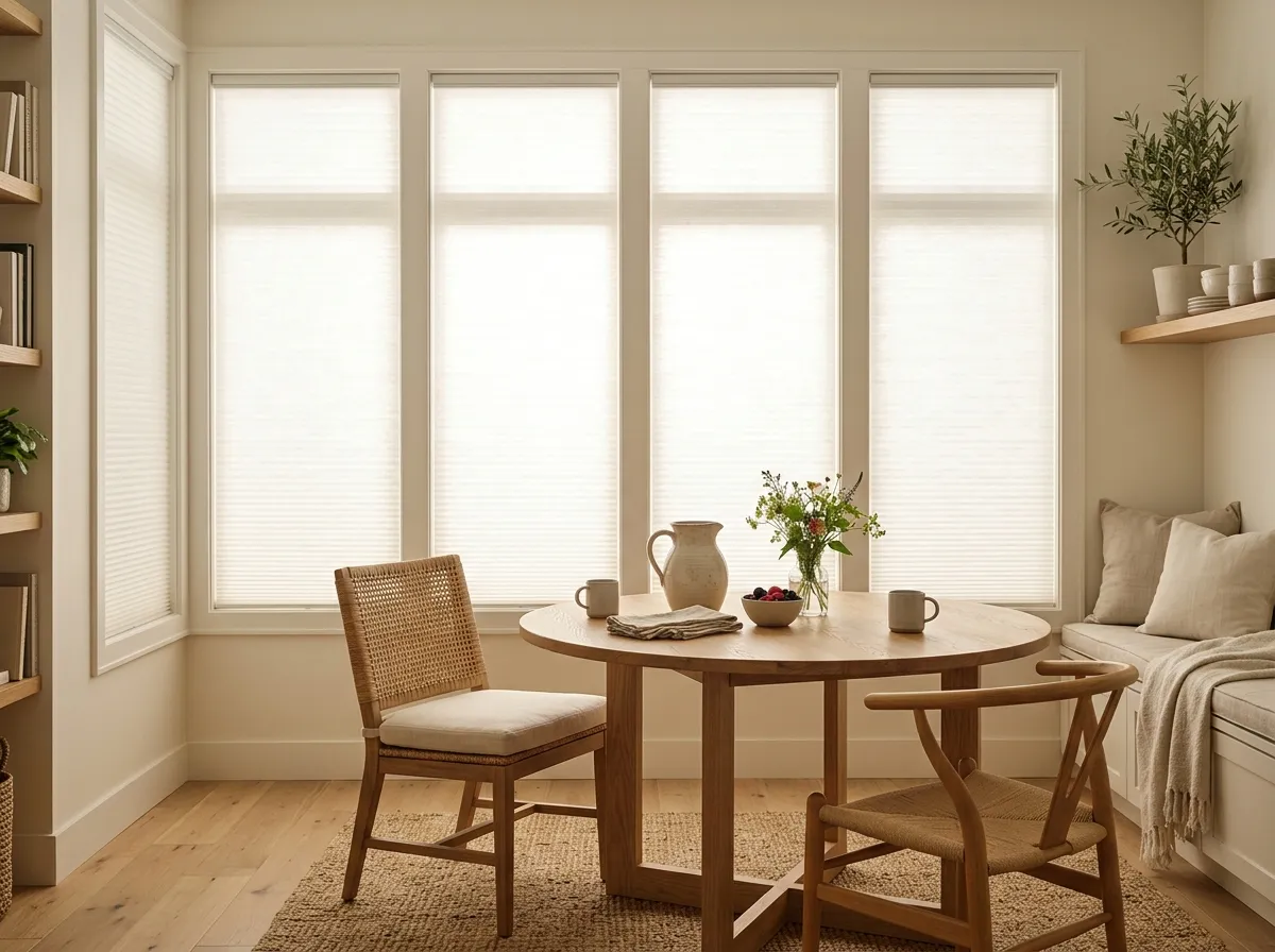 Breakfast nook with glowing light-filtering cellular shades