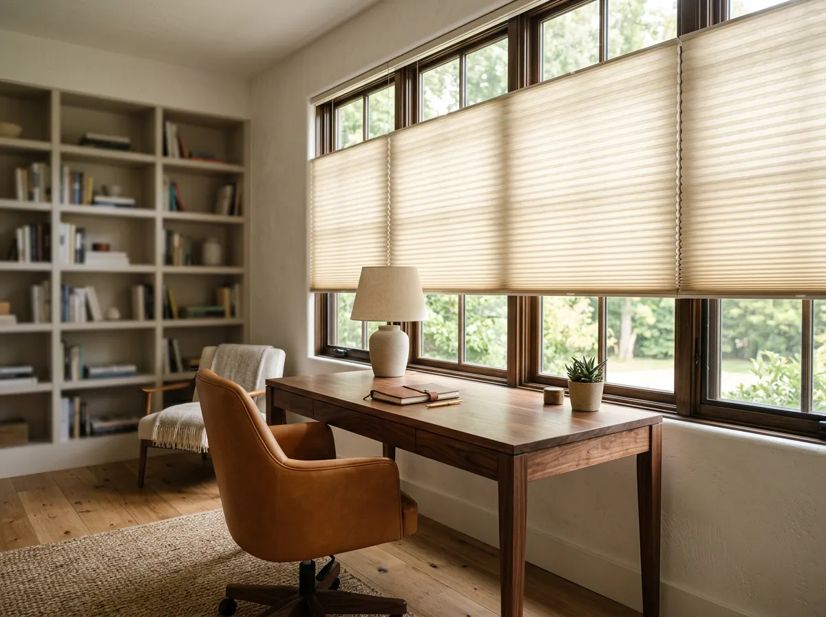 Home office with cream honeycomb cellular shades glowing softly above a walnut desk