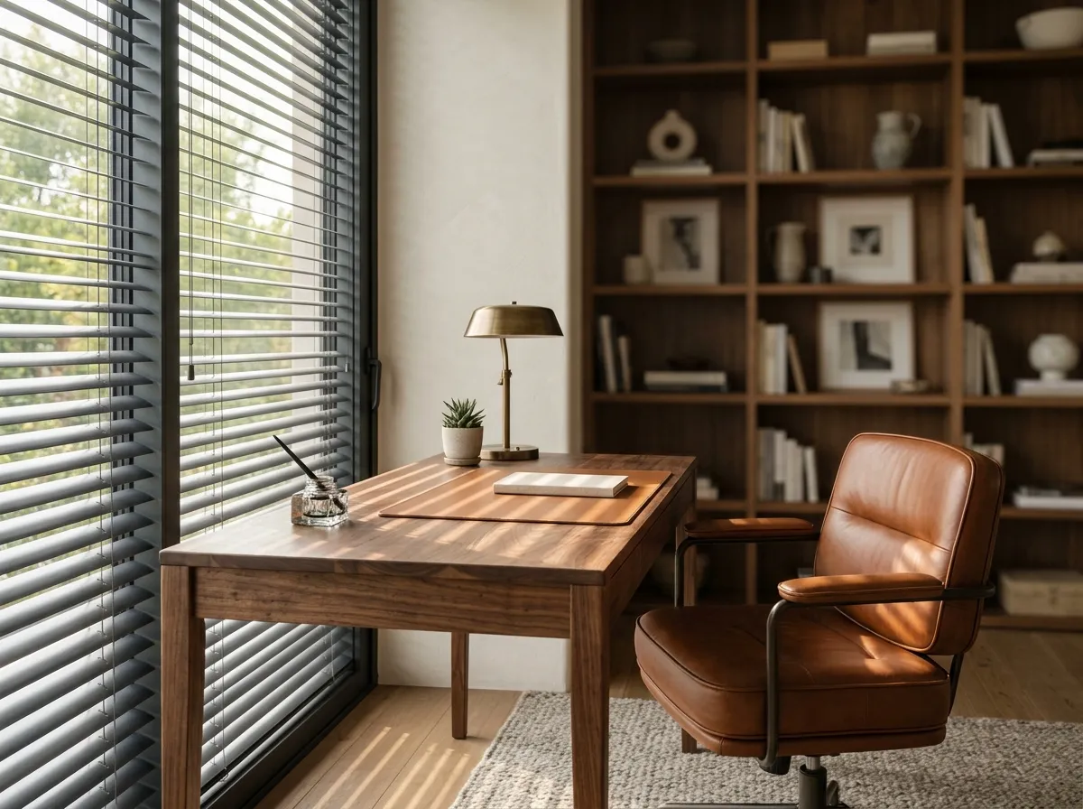 Home office with slat blinds casting striped light across a walnut desk